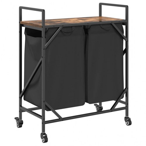 Vasketøjskurv 2 rum med hjul røget egetræsfarve