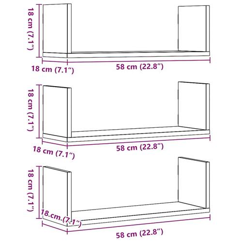 Væghylder 3 stk. 58x18x18 cm konstrueret træ sort egetræsfarve