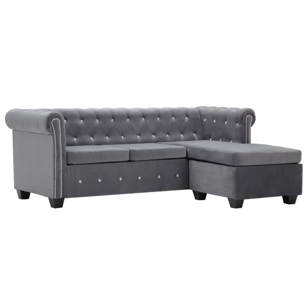Chaiselong Chesterfield-sofa 199x142x72 cm velour grå