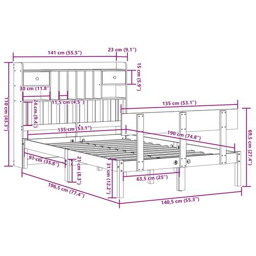 Seng med reol uden madras 135x190 cm massivt fyrretræ
