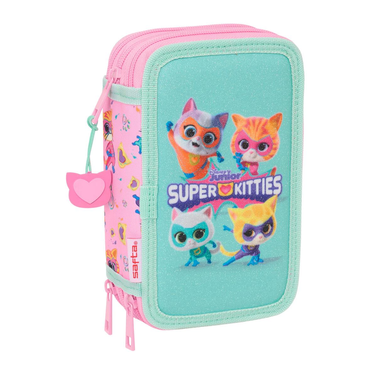 SuperKitties tredobbelt penalhus - pink/turkis, 12,5 × 19,5 × 5,5 cm, 37 dele