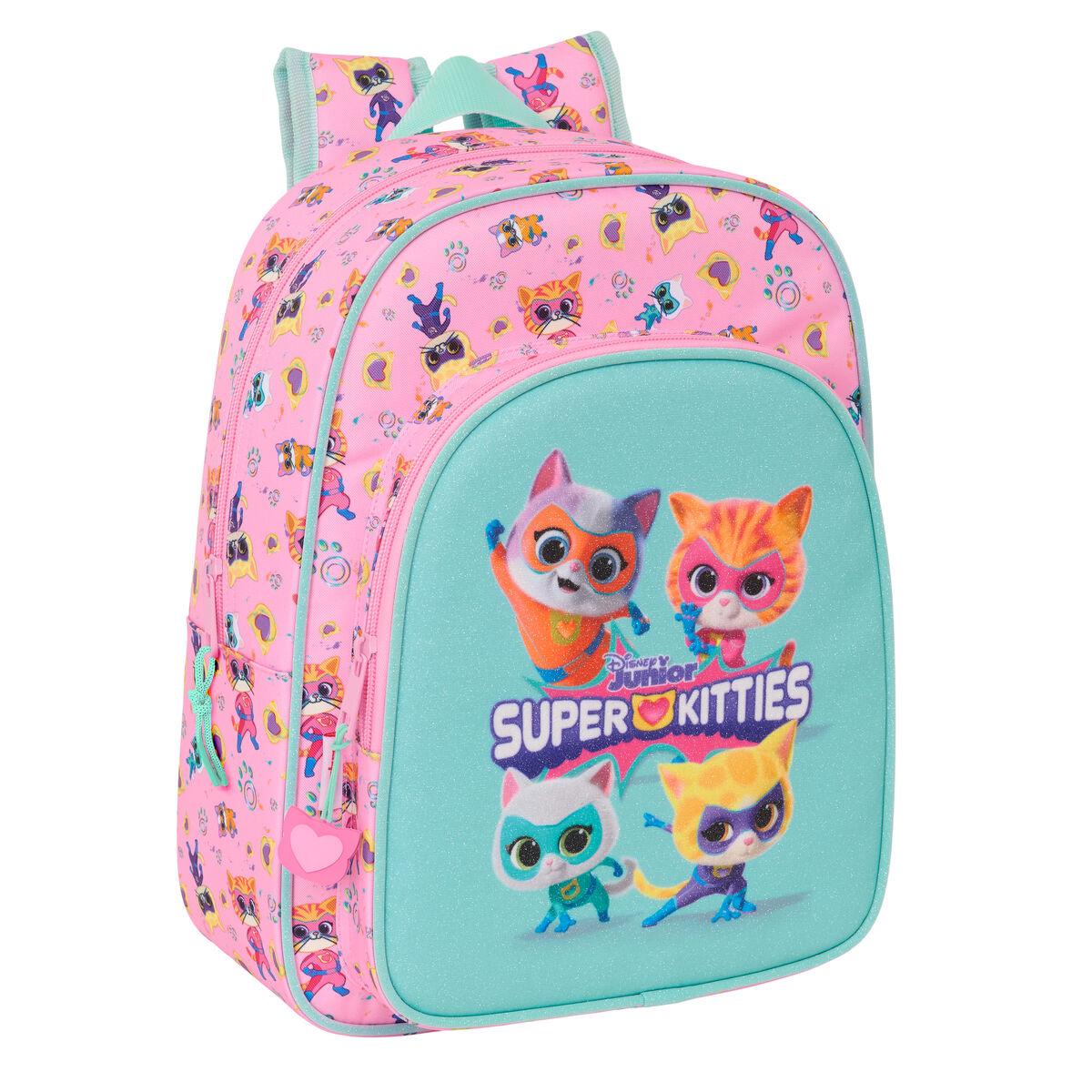 SuperKitties skoletaske - pink/turkis, 26 × 34 × 11 cm