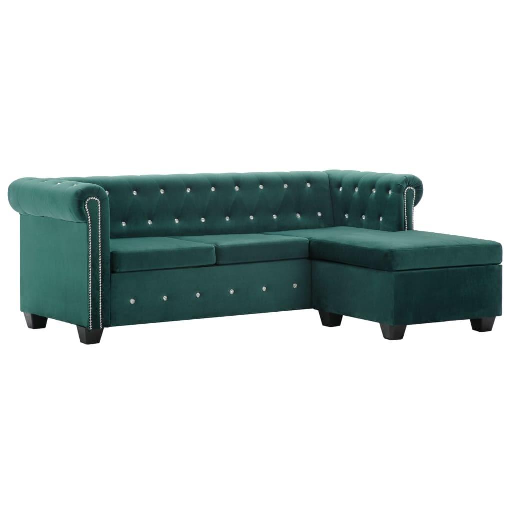 L-formet chesterfieldsofa fløjlsbeklædning 199 x 142 x 72 cm grøn