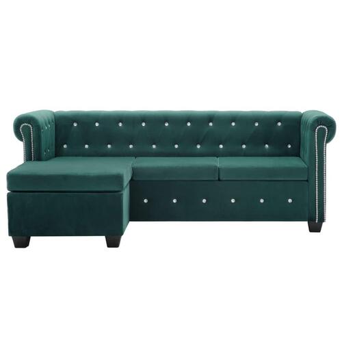 L-formet chesterfieldsofa fløjlsbeklædning 199 x 142 x 72 cm grøn