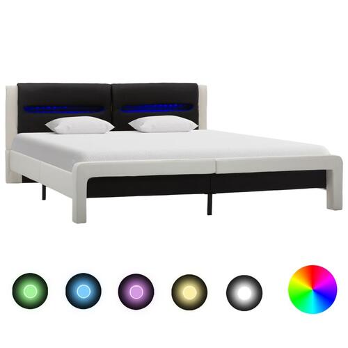 Sengestel med LED 180x200 cm kunstlæder hvid og sort
