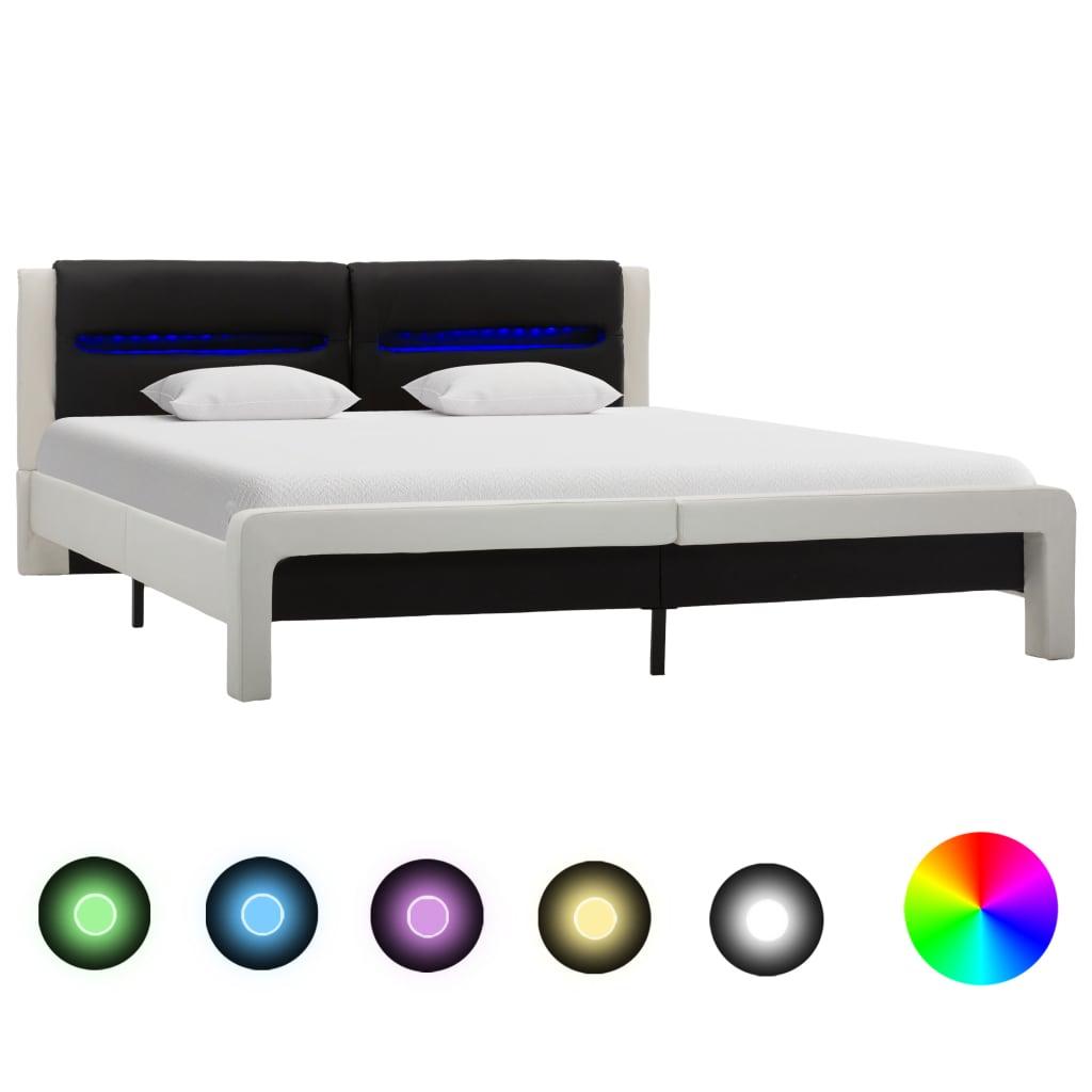 Sengestel med LED 180x200 cm kunstlæder hvid og sort