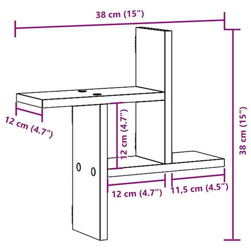 Væghylder 2 stk. 38x12x38 cm konstrueret træ sort egetræsfarve