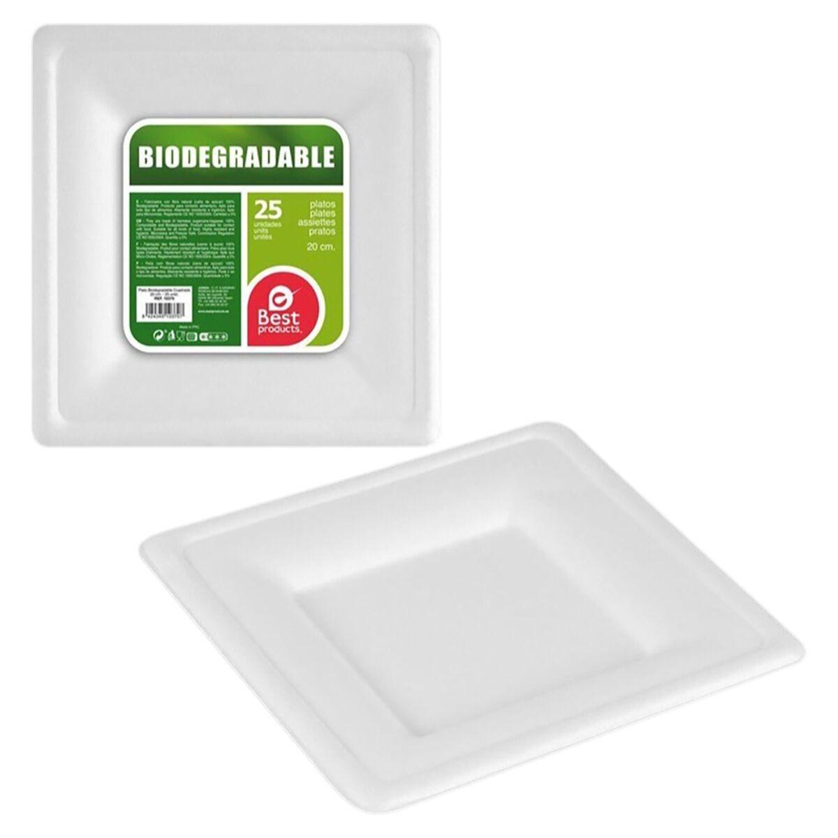 Best Products Green engangstallerkener af sukkerrør, firkantede 20 cm - hvid, biologisk nedbrydelige (25 stk.)