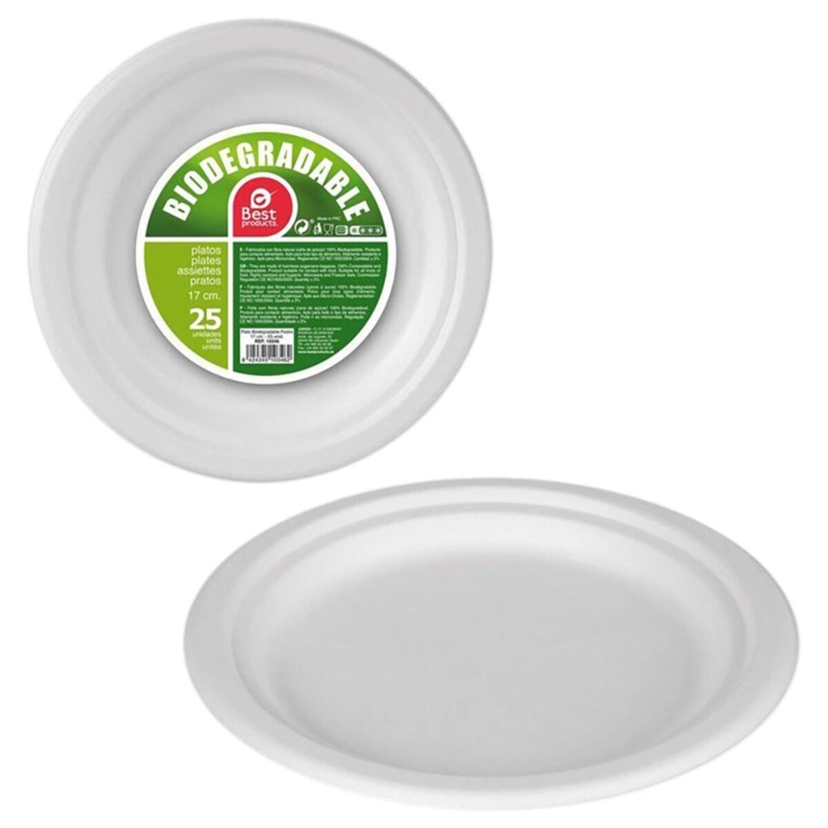 Best Products Green engangstallerkener af sukkerrør Ø 17 cm - hvid, biologisk nedbrydelig, 25 stk.