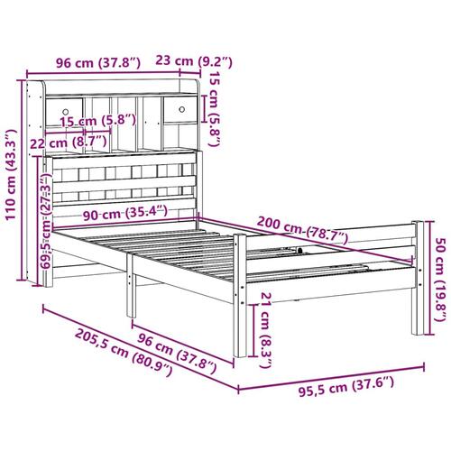 Seng med reol uden madras 90x200 cm massivt fyrretræ