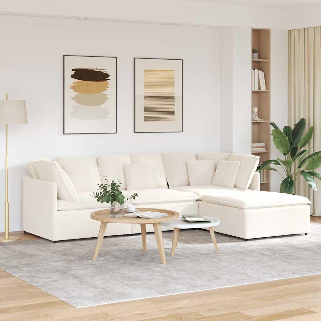 Modulsofa med fodskammel&puder krøllet uldlignende stof creme