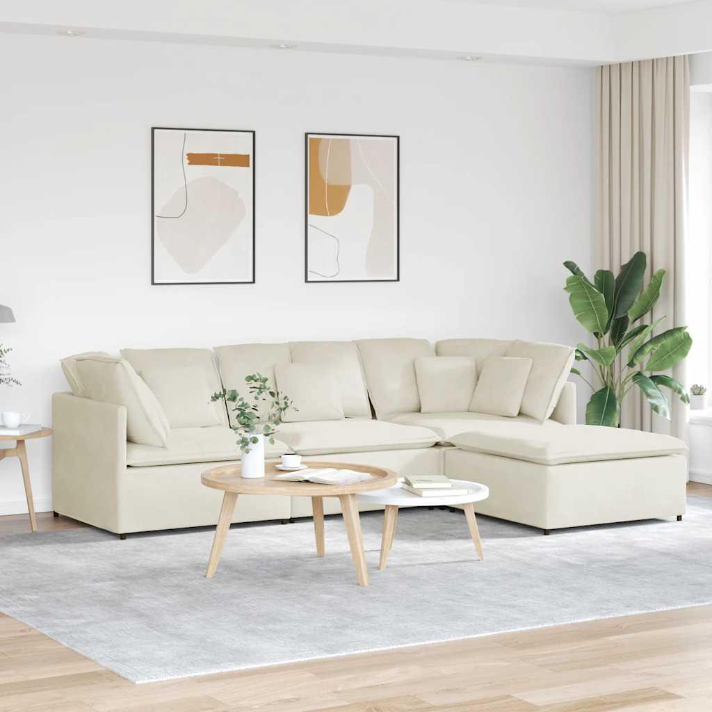 Modulsofa med fodskammel og hynder fløjl cremefarvet