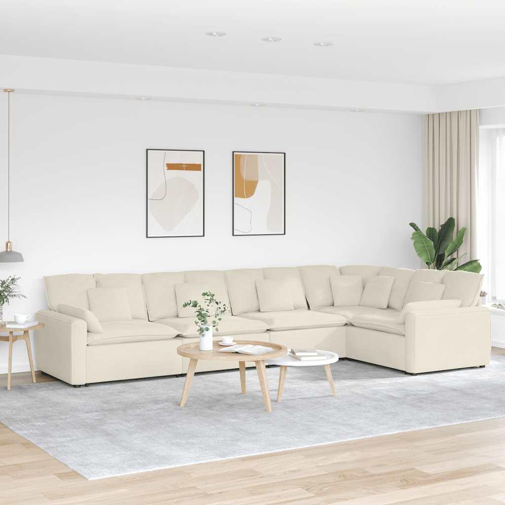 Modulsofa med hynder i fløjl, cremefarvet L-formet sofa billede