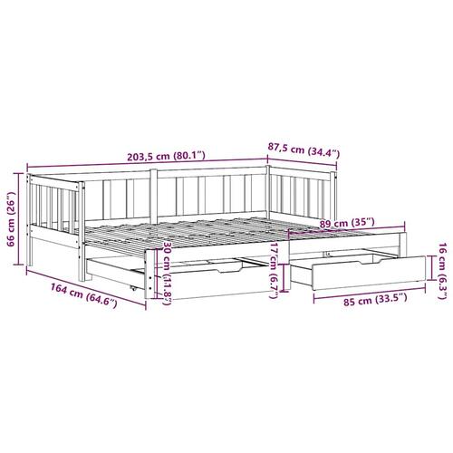Daybed med udtræk og skuffer uden madras 80x200 cm