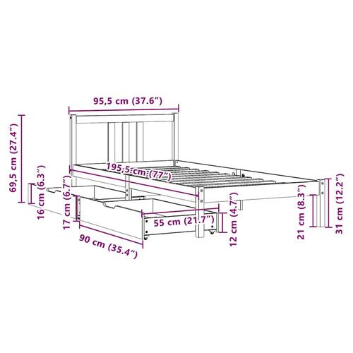 Sengeramme uden madras 90x190 cm massivt fyrretræ