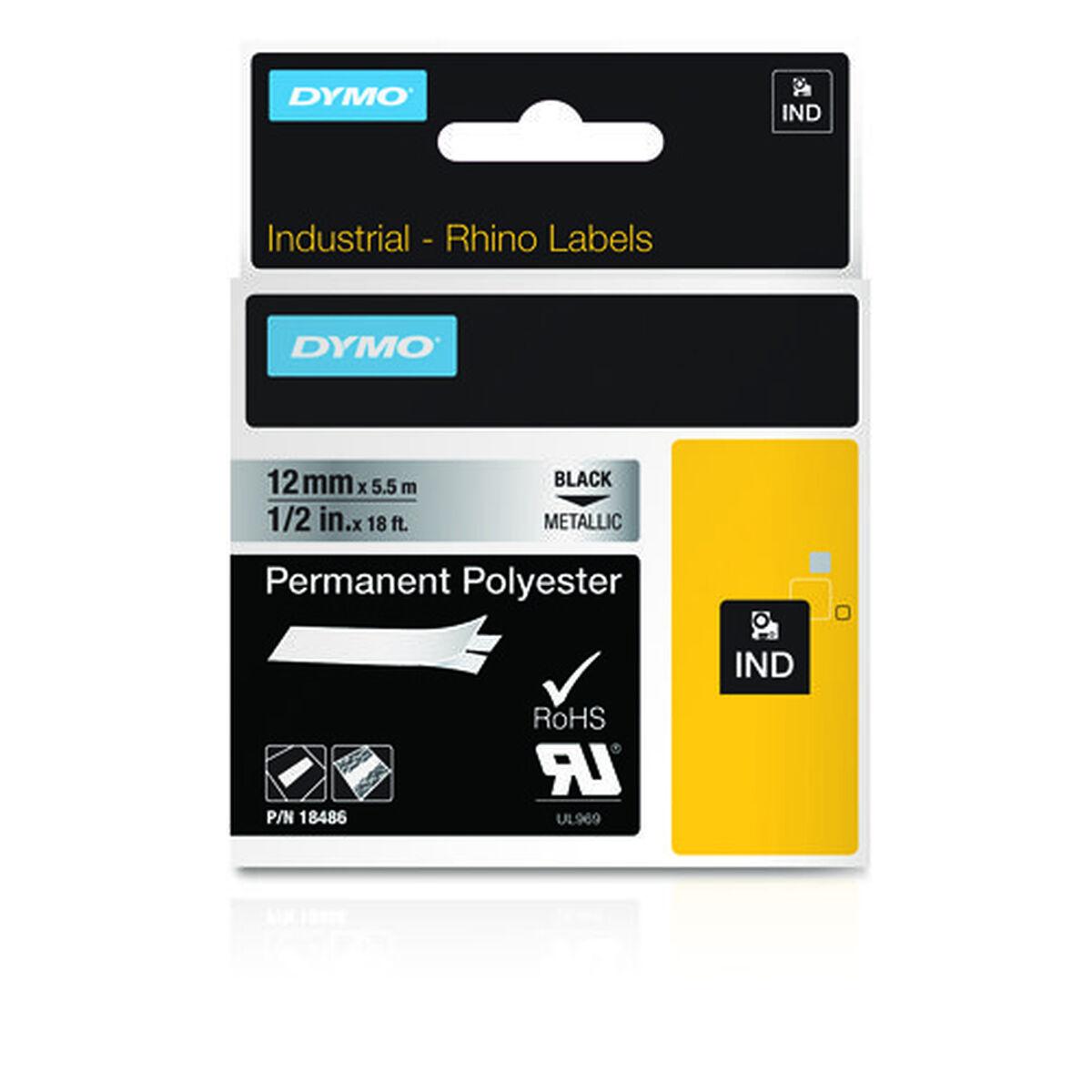 Dymo Rhino 18486 lamineret etiketbånd, sort på metallic sølv, 12 mm x 5,5 m