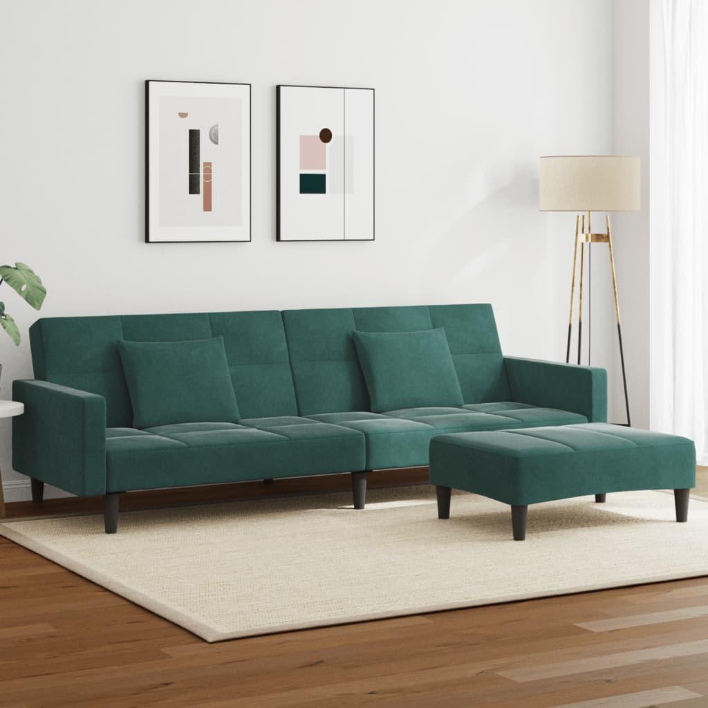 2-personers sovesofa med fodskammel i velour mørkegrøn