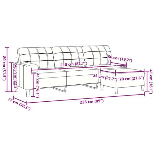 3-personers sofa med fodskammel 210 cm velour blå