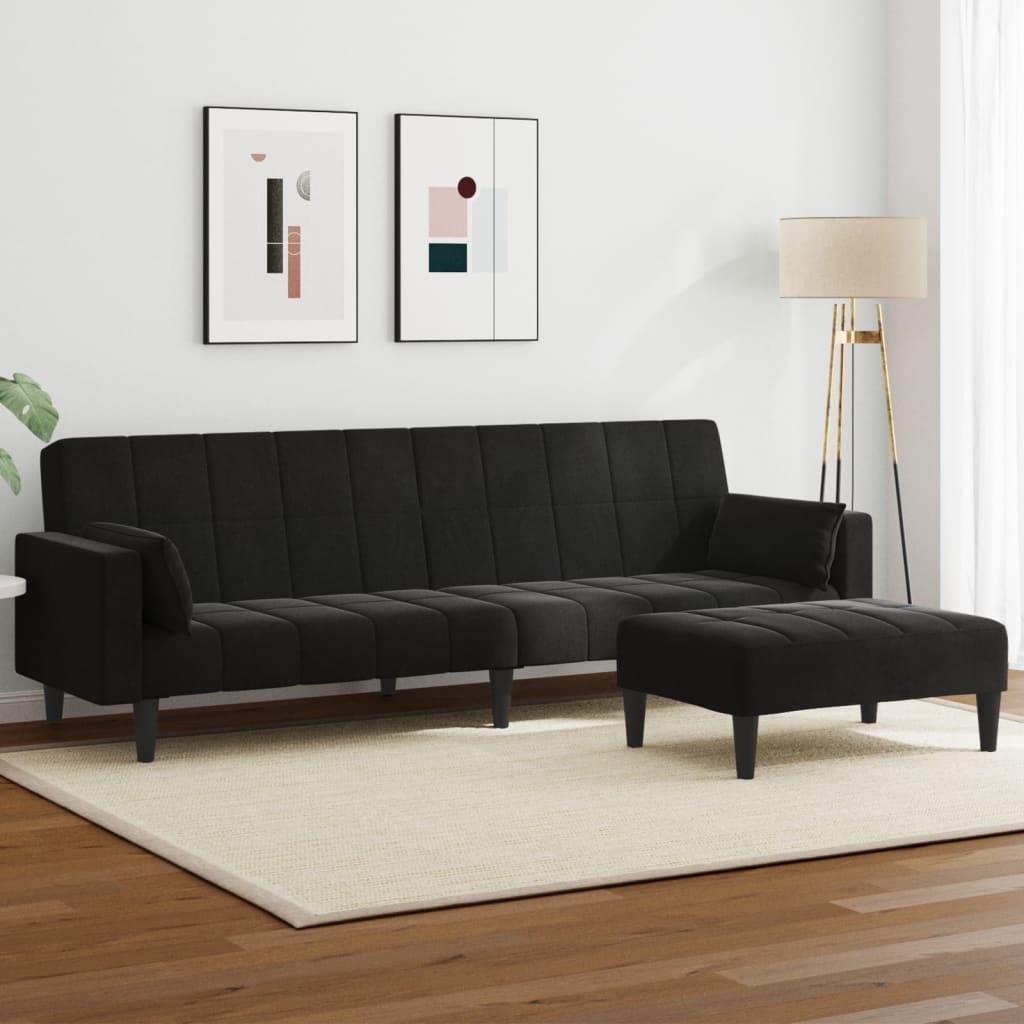 2-personers sovesofa med fodskammel i velour - sort