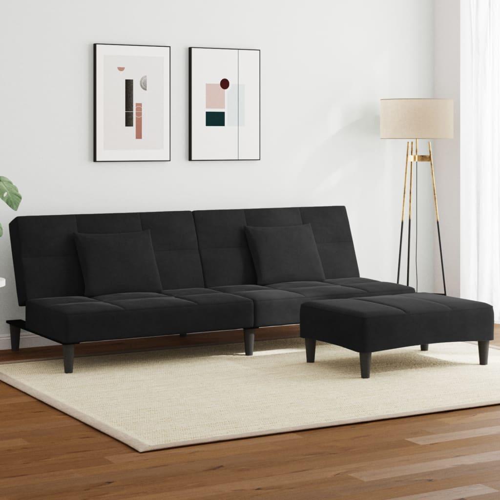 2-personers sovesofa med fodskammel i velour - sort