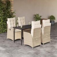 Spisebordssæt til haven 5 dele med hynder polyrattan beige