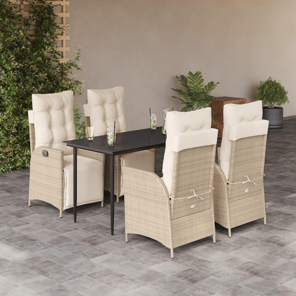 Spisebordssæt til haven 5 dele med hynder polyrattan beige