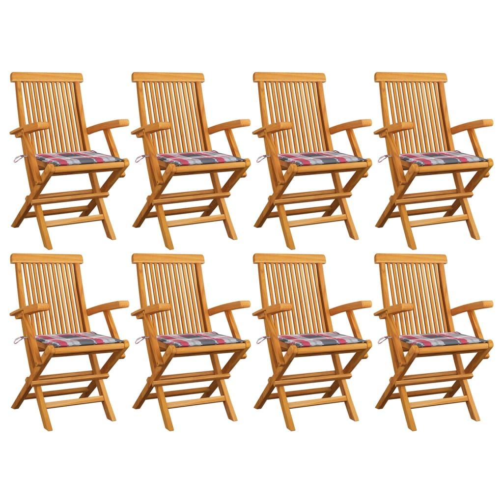 Havestole m. rødternede hynder 8 stk. massivt teaktræ