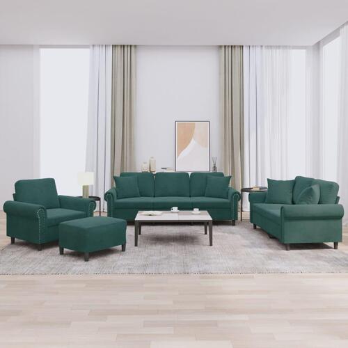 Sofasæt 4 dele med puder velour mørkegrøn