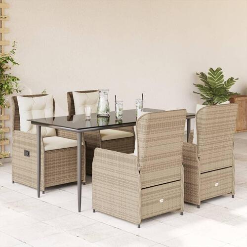 Spisebordssæt til haven 5 dele med hynder polyrattan beige