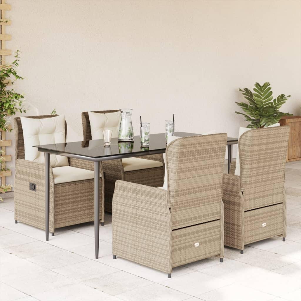 Spisebordssæt til haven 5 dele med hynder polyrattan beige