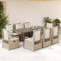 Spisebordssæt til haven 9 dele med hynder polyrattan beige