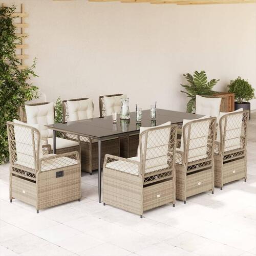 Spisebordssæt til haven 9 dele med hynder polyrattan beige