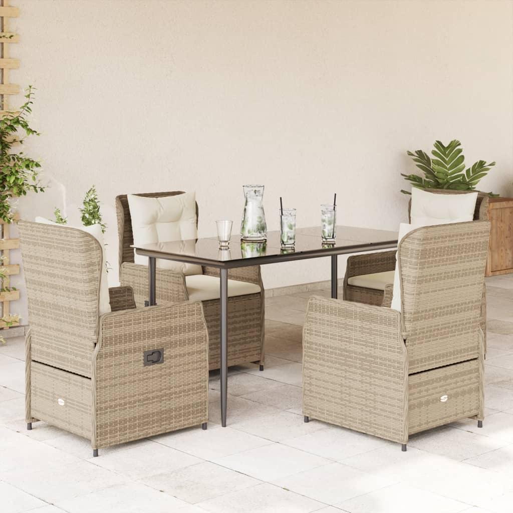 Spisebordssæt til haven 5 dele med hynder polyrattan beige
