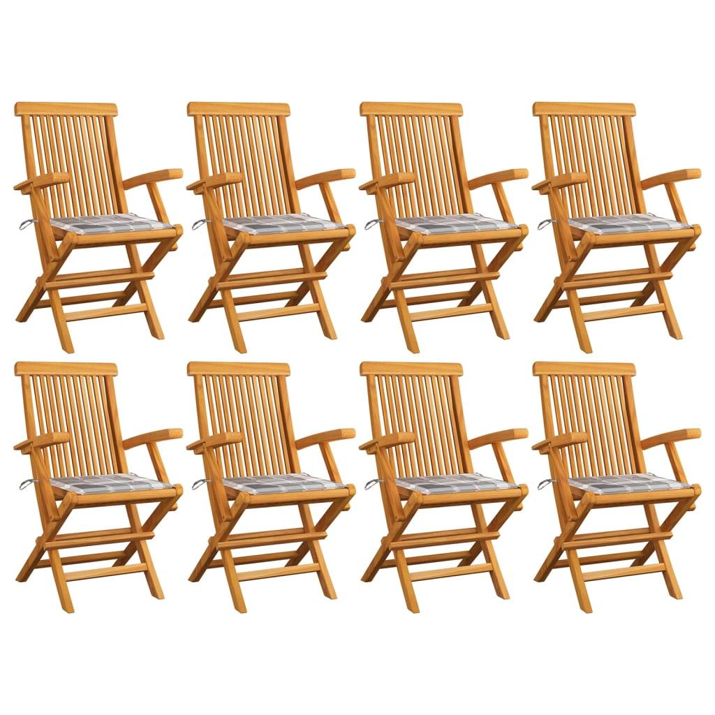 Havestole m. gråternede hynder 8 stk. massivt teaktræ