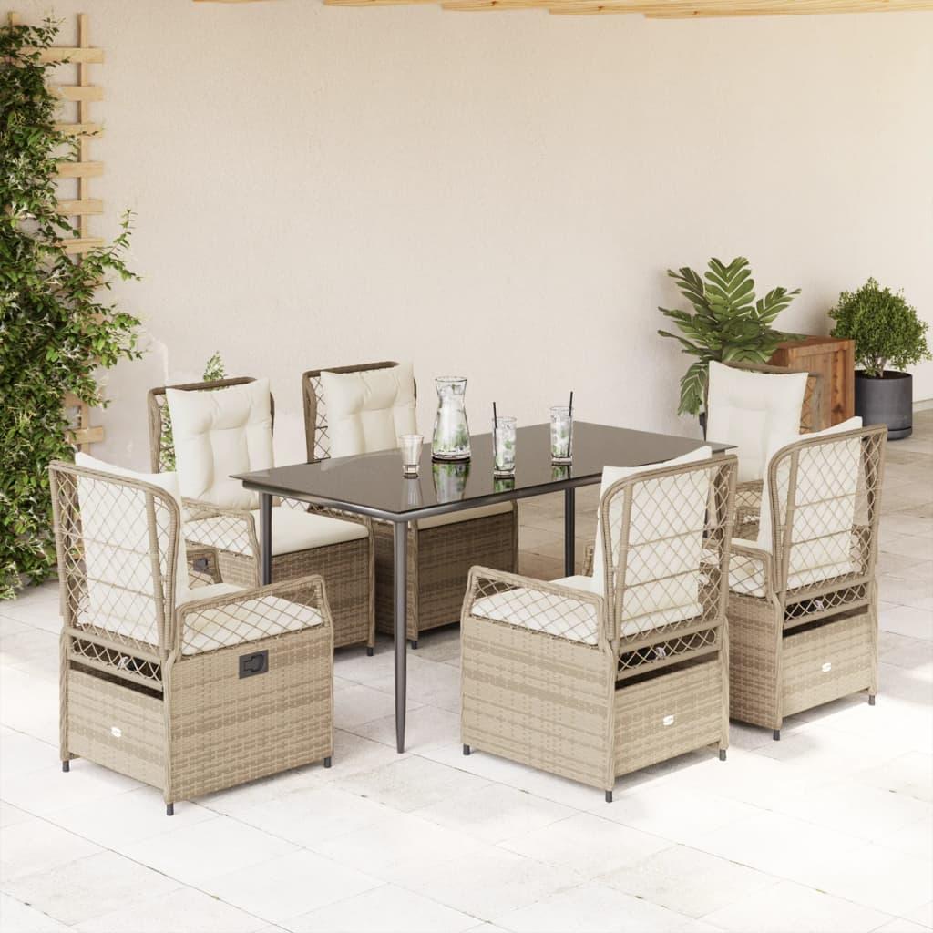 Spisebordssæt til haven 7 dele med hynder polyrattan beige