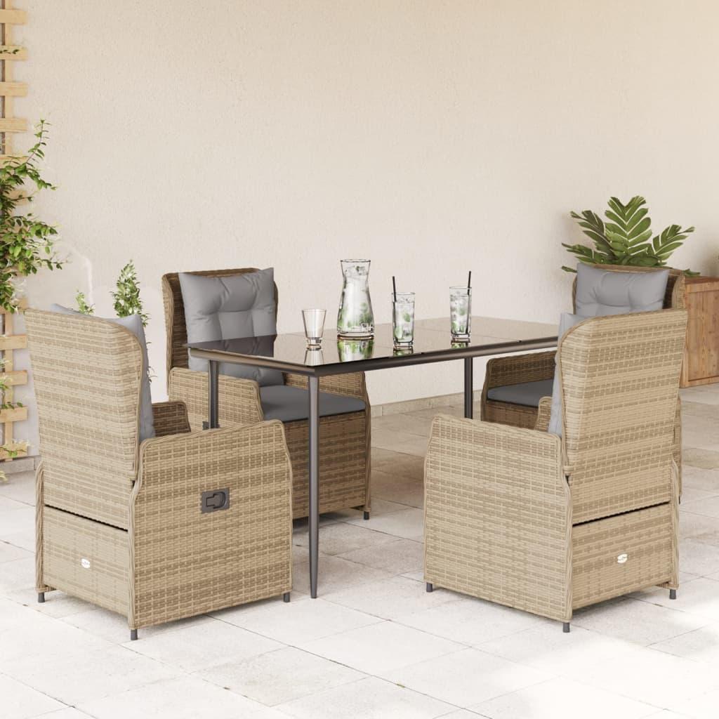 Spisebordssæt til haven 5 dele med hynder polyrattan beige