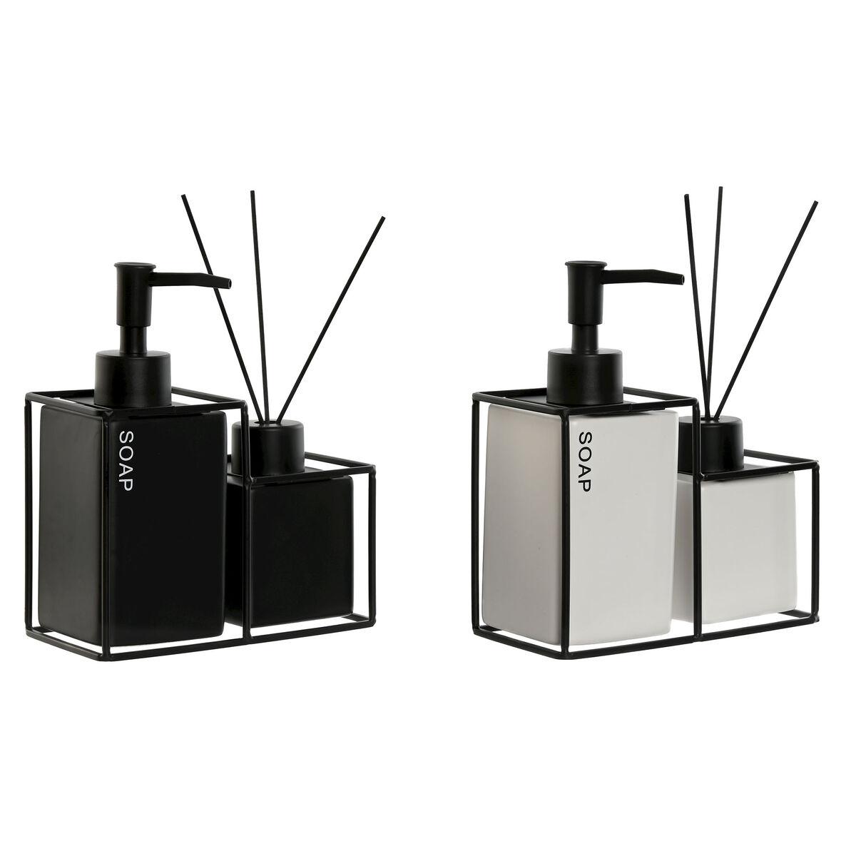 Badeværelsessæt i metal og dolomit, hvid/sort - 2 dele, 14,5 × 8 × 17 cm