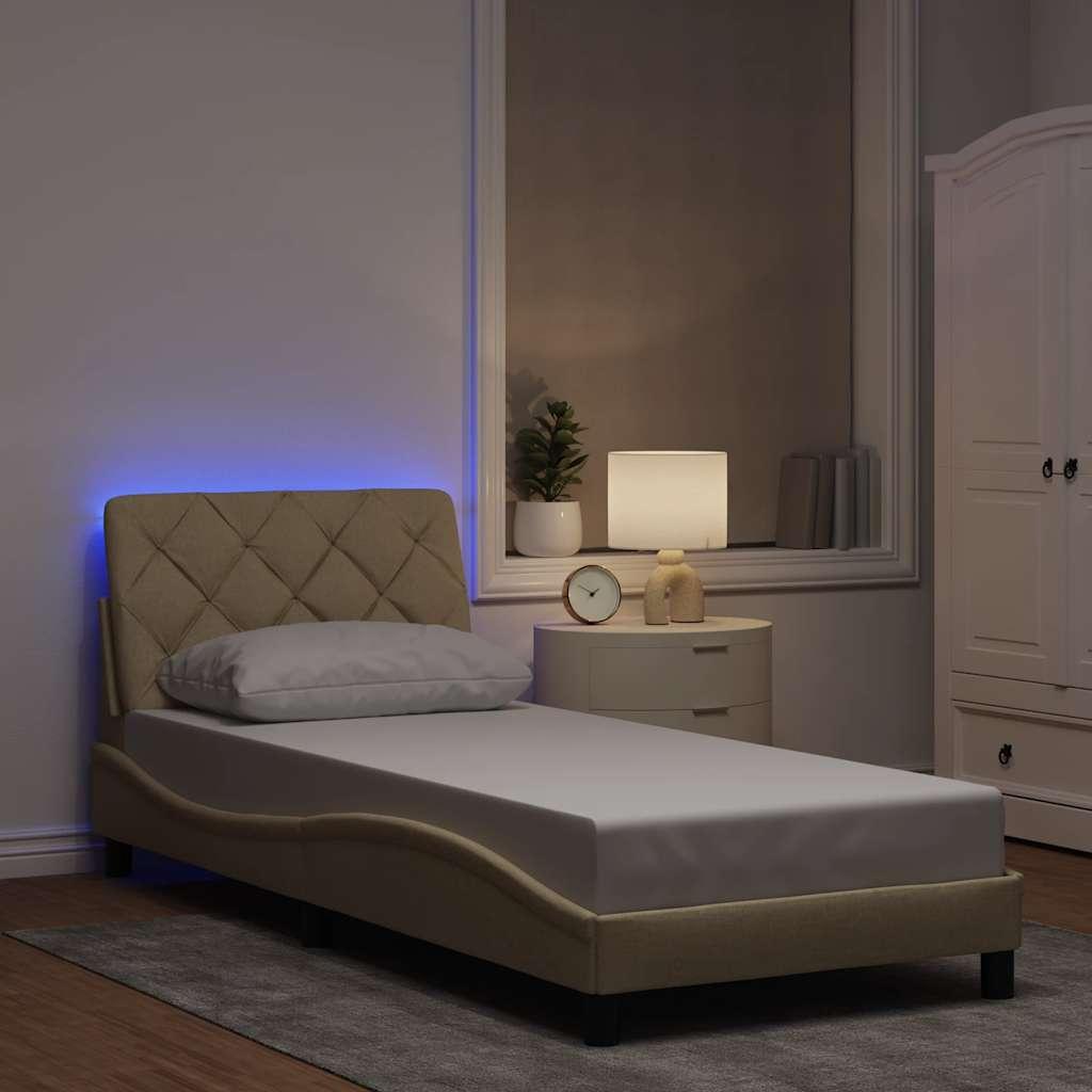 Sengeramme med LED uden madras 90x190 cm stof cremefarvet