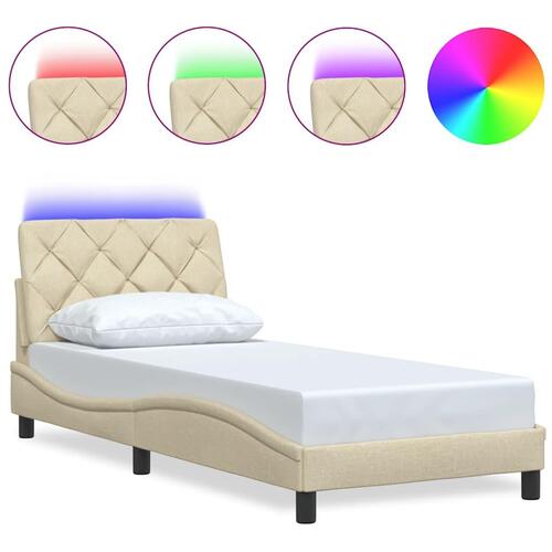 Sengeramme med LED uden madras 90x190 cm stof cremefarvet