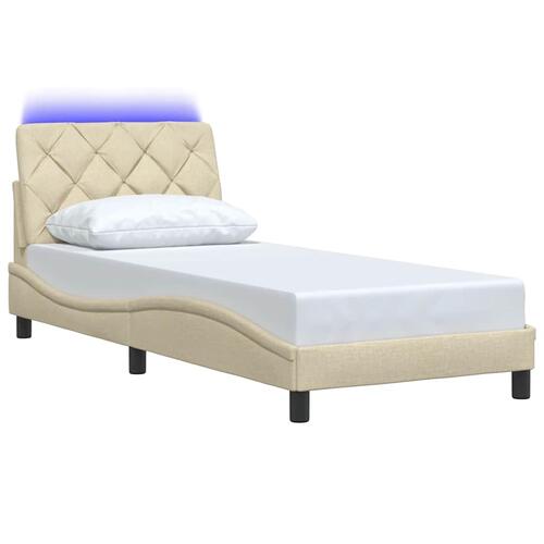 Sengeramme med LED uden madras 90x190 cm stof cremefarvet
