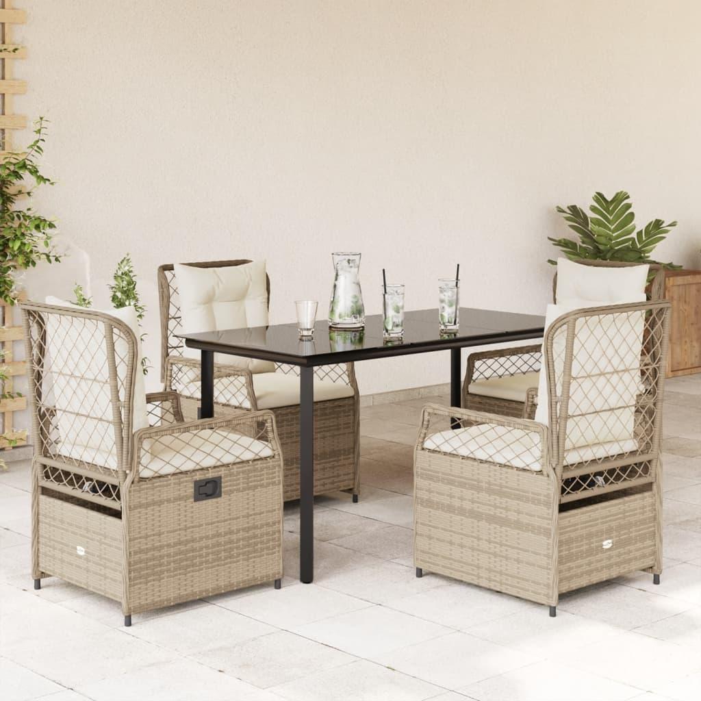 Spisebordssæt til haven 5 dele med hynder polyrattan beige