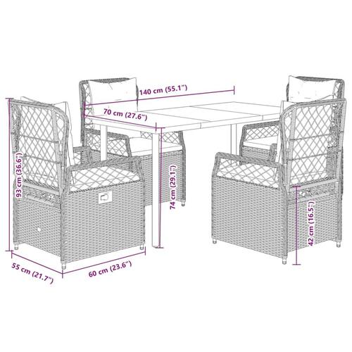 Spisebordssæt til haven 5 dele med hynder polyrattan beige