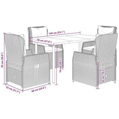Spisebordssæt til haven 5 dele med hynder polyrattan beige