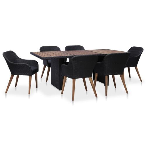 Udendørs spisebordssæt 7 dele med hynder polyrattan sort