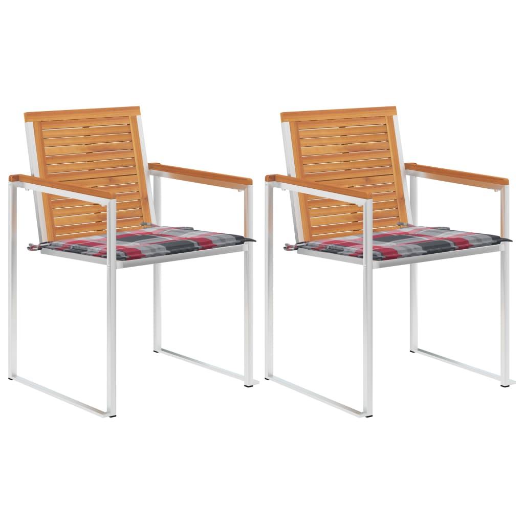 Havestole Med Hynder 2 Stk. Massivt Akacietræ Og Stål - 2 / Rødternet