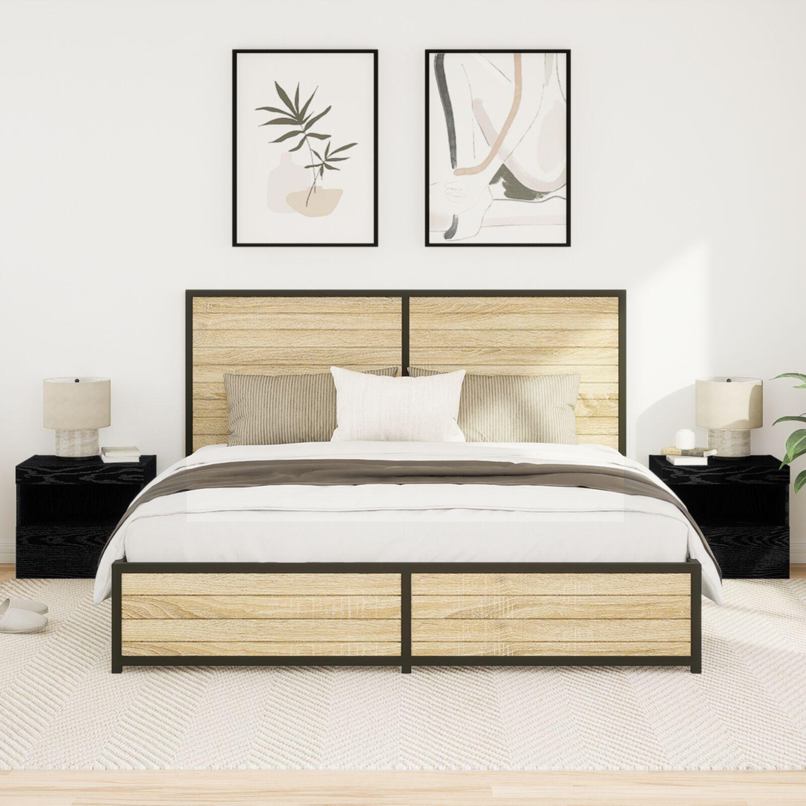 Sengeborde med LED-lamper 2 stk Sort Eg 50x40x45 cm billede