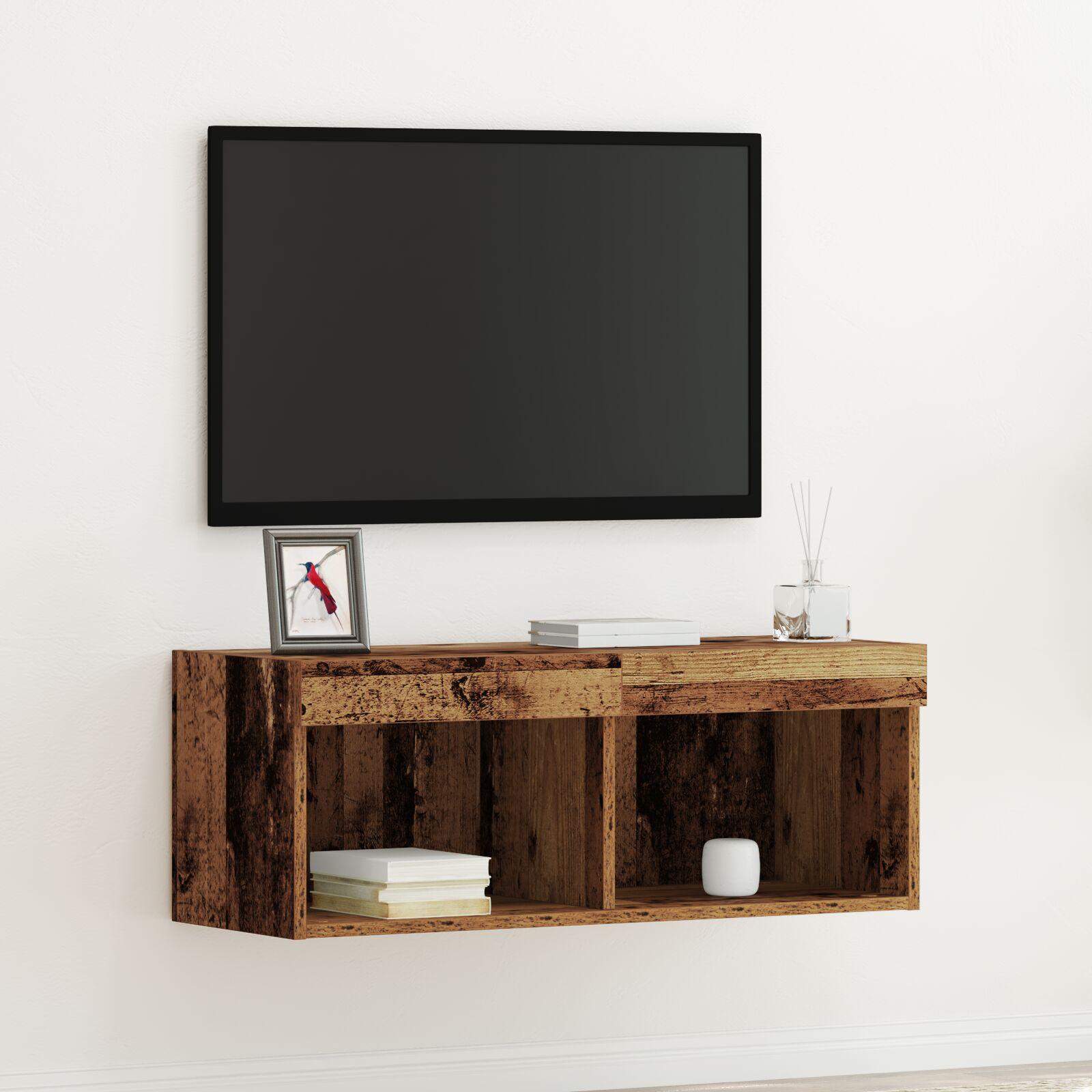 TV Væghylde med LED Lys Gamle Træ 80x30x30 cm billede