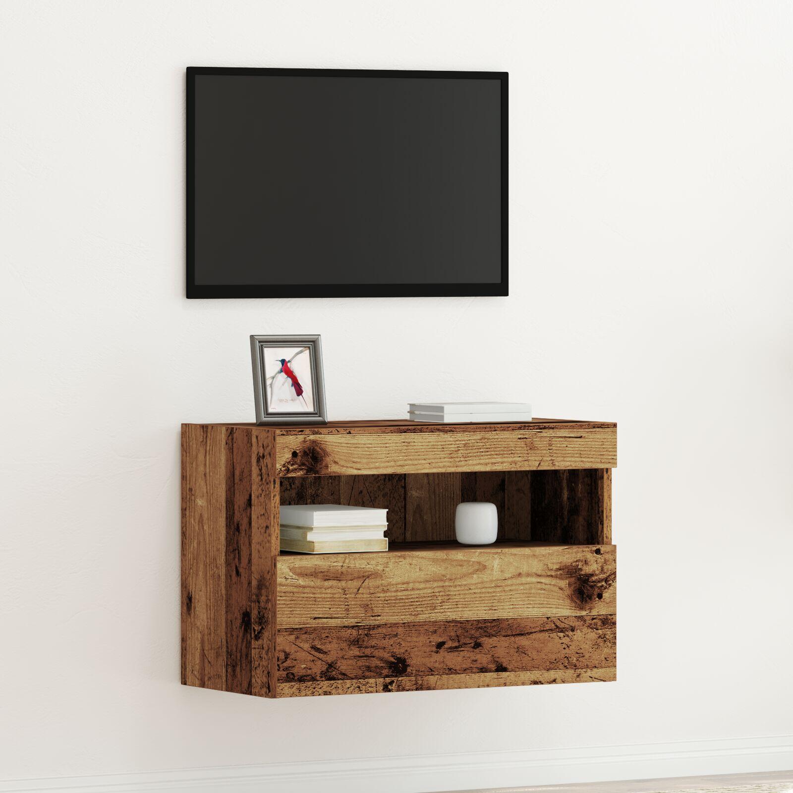 TV Væghylde med LED Lys Gammelt Træ 60x30x40 cm billede