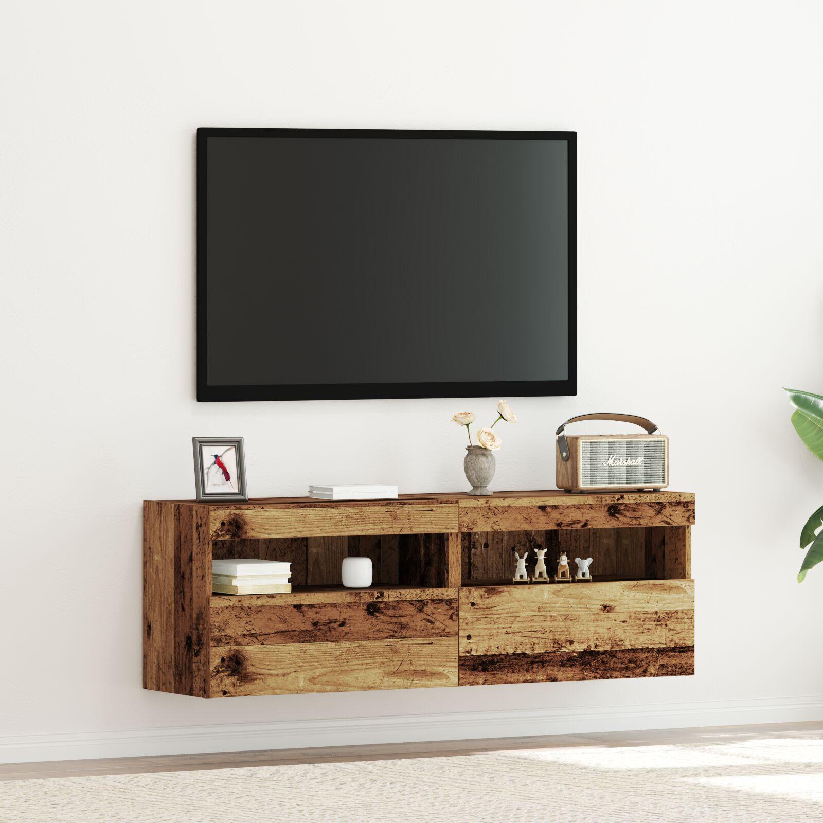 TV Væghylder med LED-lys 2 stk. Gammel træ 60x30x40 cm billede
