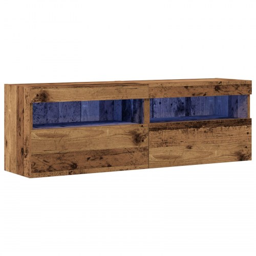 TV Væghylder med LED-lys 2 stk. Gammel træ 60x30x40 cm